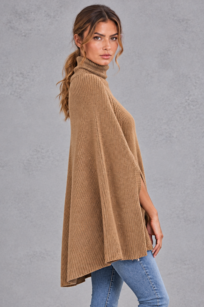 Women's Ribbed Turtleneck Cape Jumper – Camel – side view
