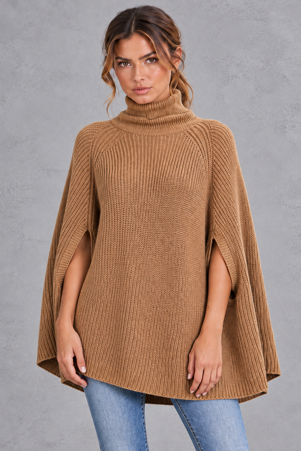 Women's Ribbed Turtleneck Cape Jumper – Camel – detail view