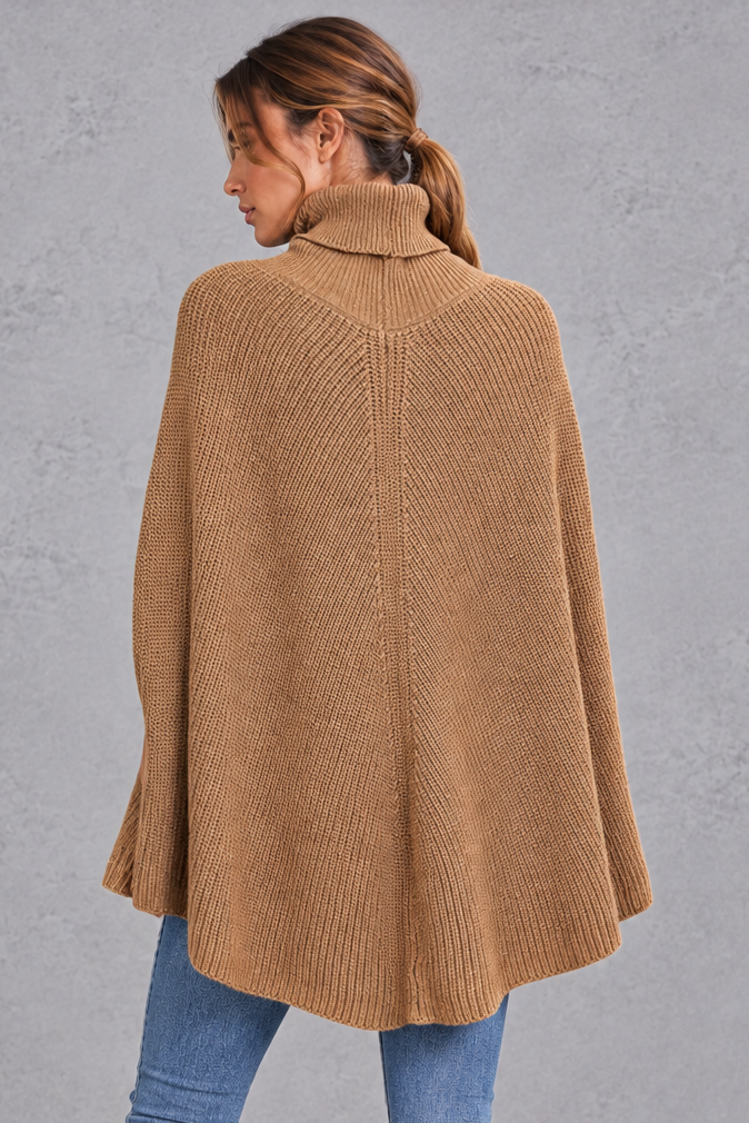 Women's Ribbed Turtleneck Cape Jumper – Camel – back view