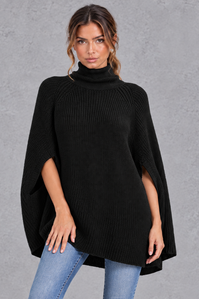 Women's Ribbed Turtleneck Cape Jumper – Black – front view