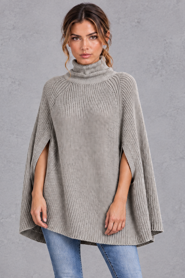 Women's Ribbed Turtleneck Cape Jumper – Grey – front view