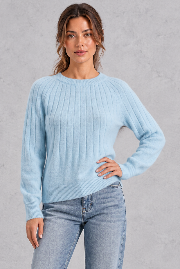 Women's light blue wide rib crew neck jumper – front view