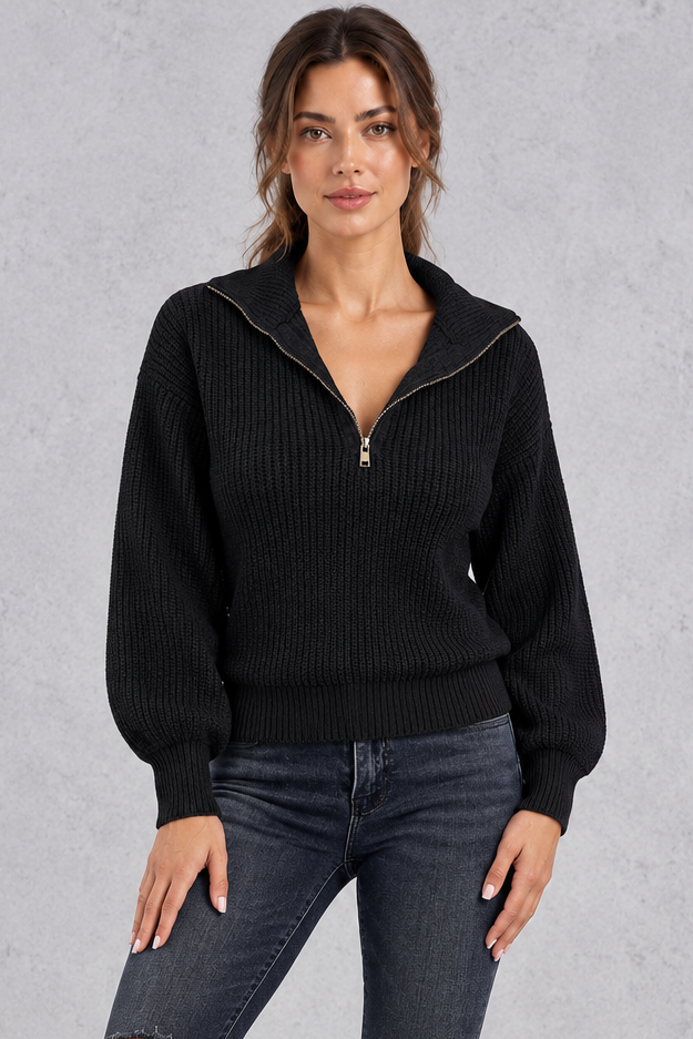 Women's black ribbed half-zip balloon sleeve jumper – front view