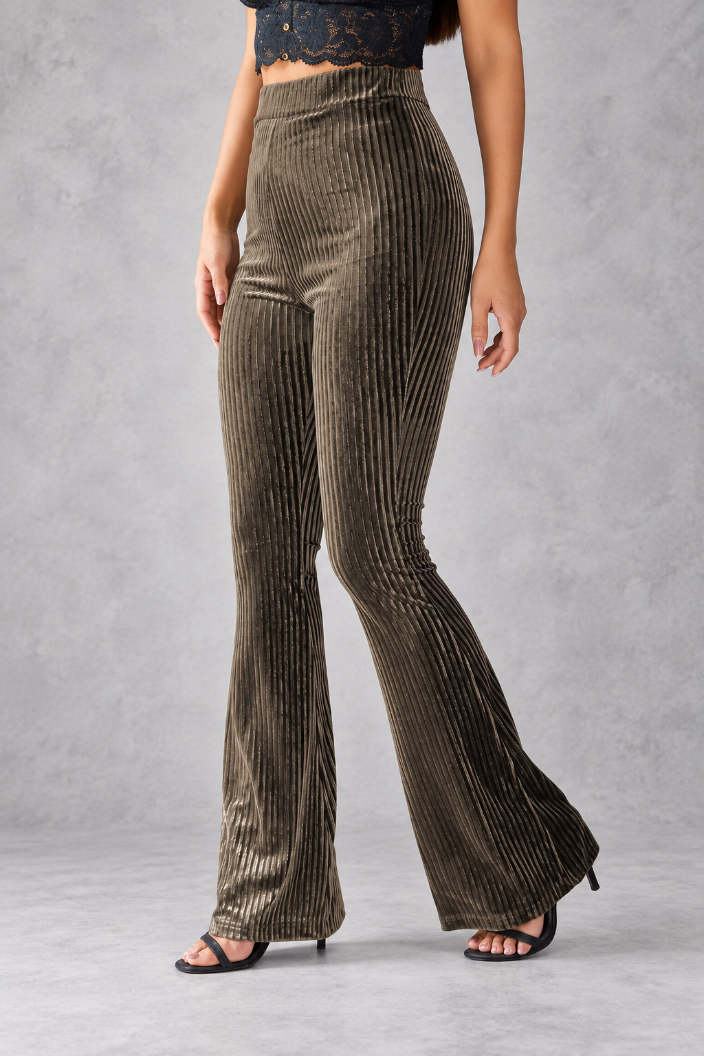 Women's Ribbed Velvet-Look Flared Trousers – High Waist & Bell-Bottom Leg – Army Green – front view