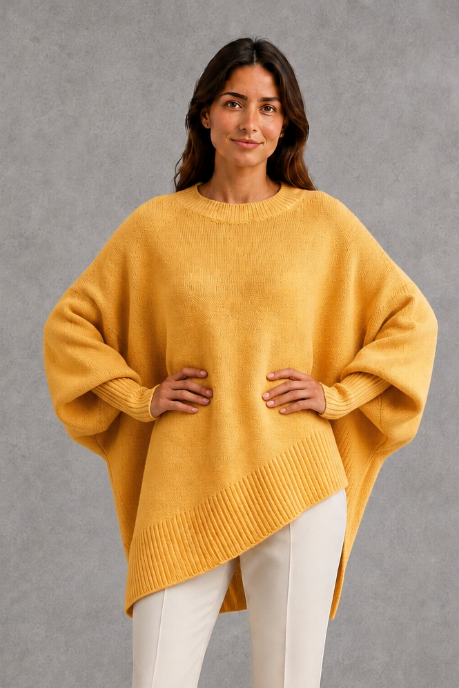 Women’s ribbed high neck knit jumper with long sleeves and a relaxed, softly draped silhouette for autumn and winter wear.