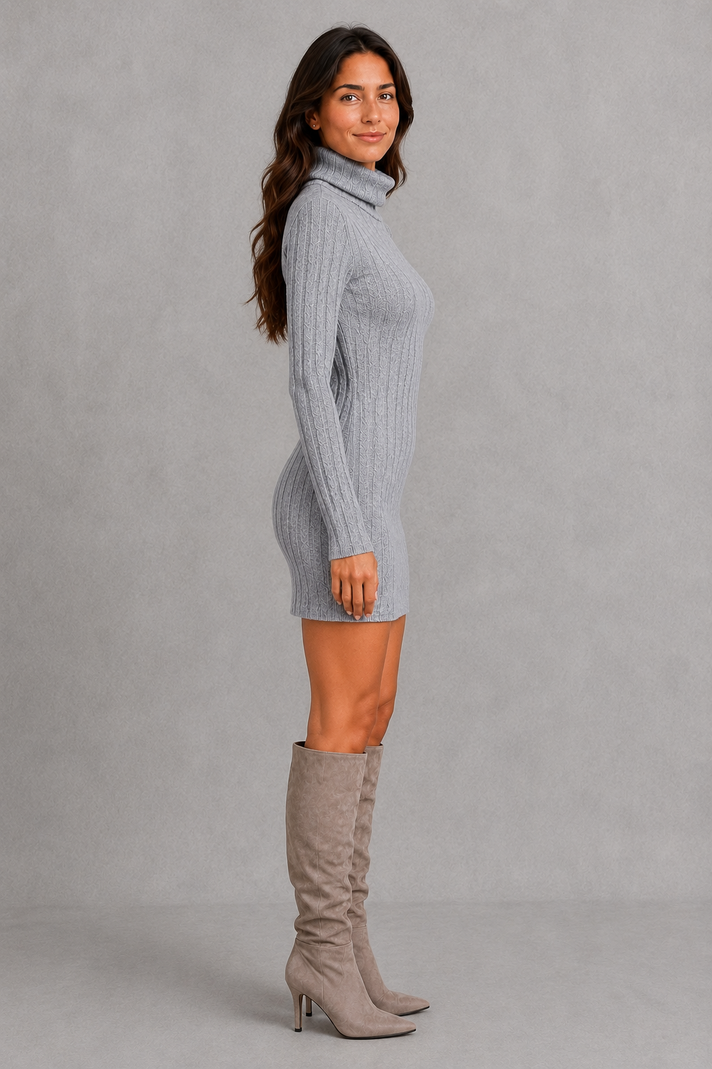 Women’s ribbed roll neck mini dress with a fitted silhouette, vertical rib-knit texture and long sleeves for elegant autumn and winter styling.