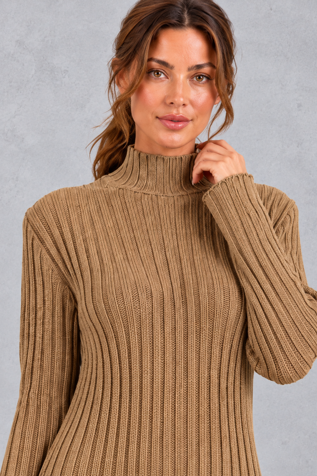 Women's ribbed turtleneck co-ord set in Brown – neckline close-up view