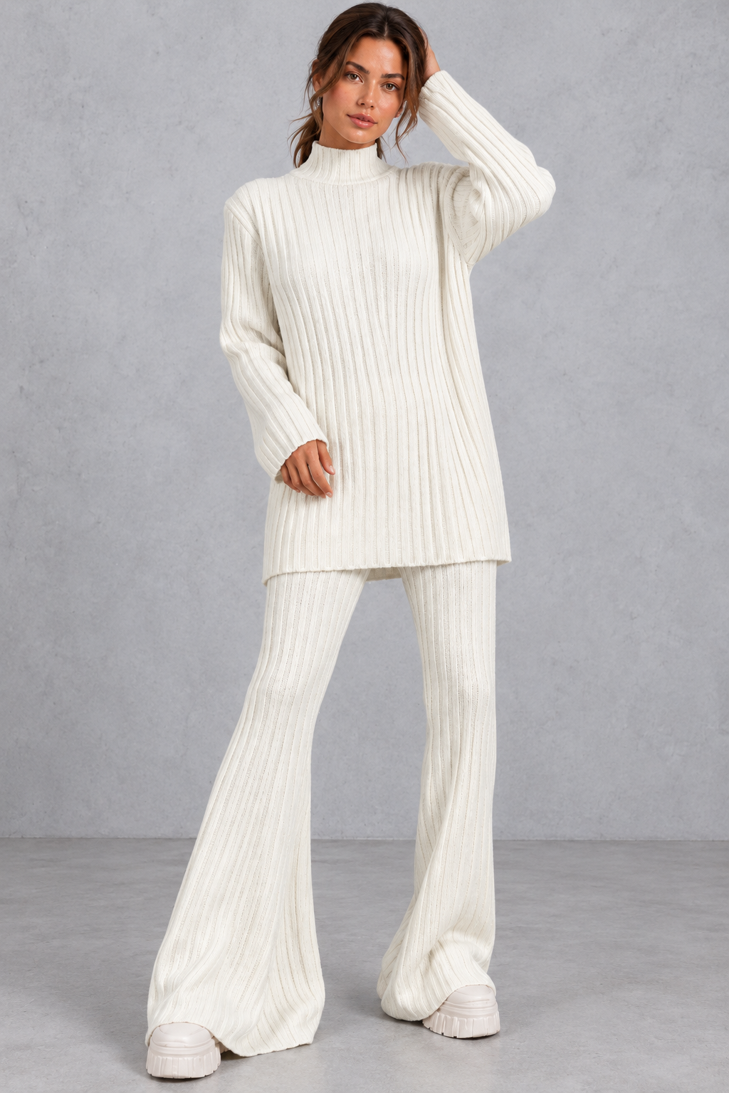 Women's ribbed turtleneck co-ord set in Cream – front view