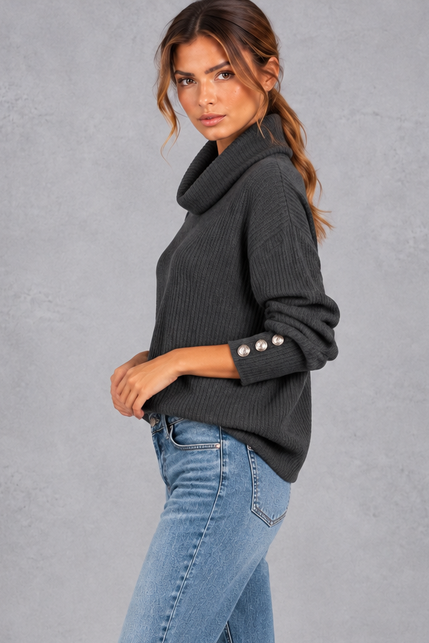 Women's charcoal ribbed cowl neck jumper – side view