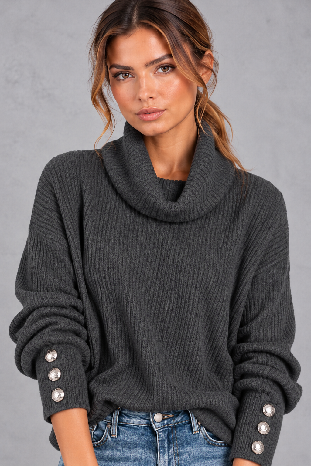 Women's charcoal ribbed cowl neck jumper – close-up of cowl neck and button cuffs