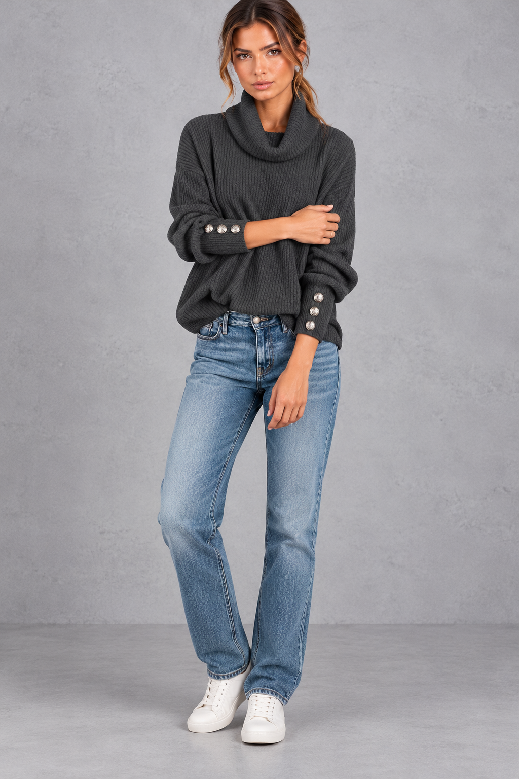 Women's charcoal ribbed cowl neck jumper – full-length view