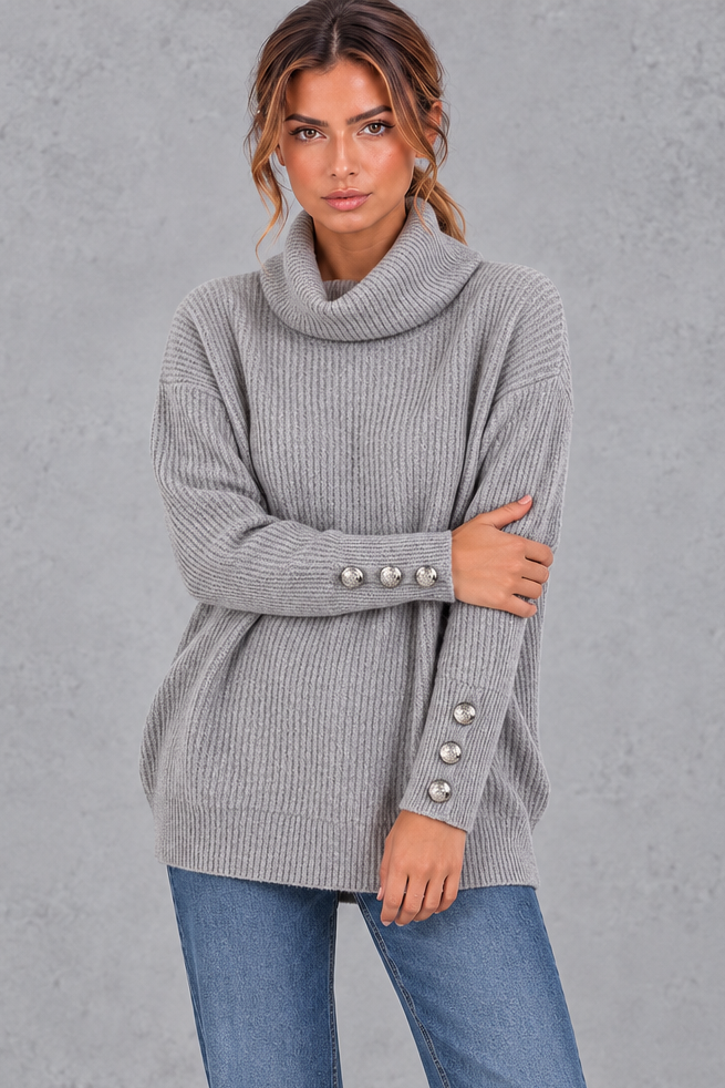 Women's grey ribbed cowl neck jumper – front view