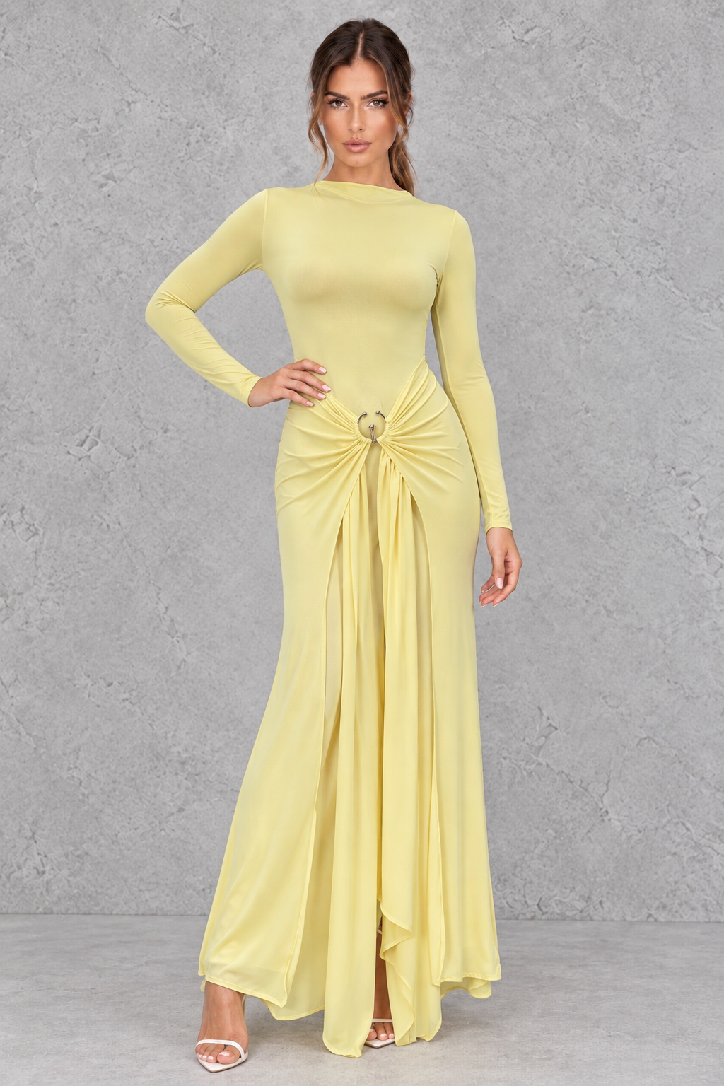 Women’s ruched long sleeve maxi party dress with a sleek bodycon silhouette, textured detailing and elegant floor-length design.