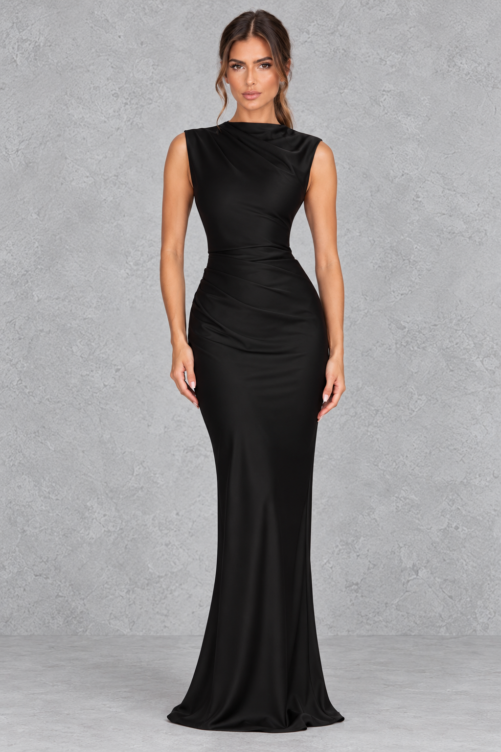 Women’s satin corset high neck maxi dress with asymmetric pleated bodice, lace-up back, defined waist and fluid bias-cut skirt.