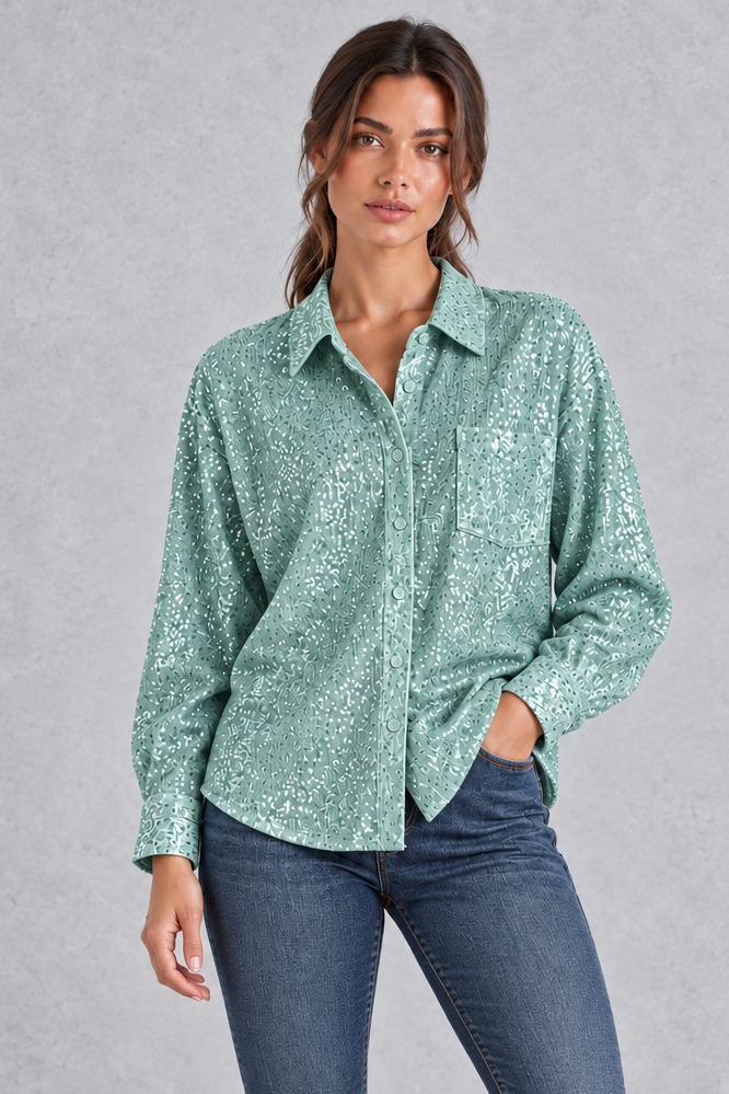 Women's Sequin Button-Front Shirt in Mint Green