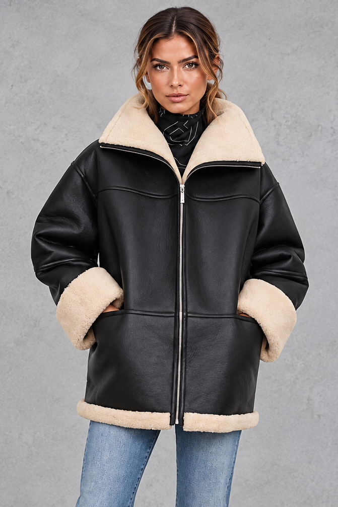 Women's shearling-lined faux leather coat in Black – front view