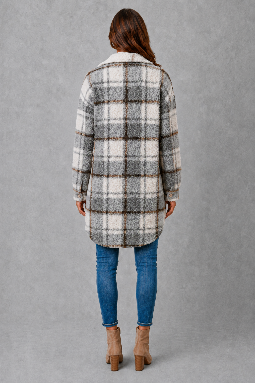 Women’s soft plush check jacket with button-front fastening and cosy teddy-style texture for autumn and winter.