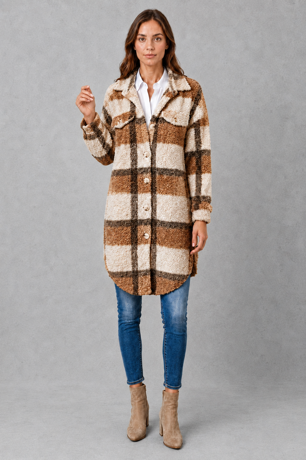 Women’s soft plush check jacket with button-front fastening and cosy teddy-style texture for autumn and winter.