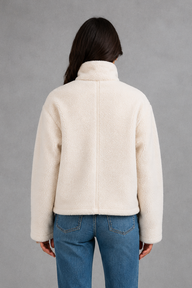 Women’s soft fleece jacket with a high stand collar, full zip fastening, long sleeves and a relaxed casual fit for autumn and winter.