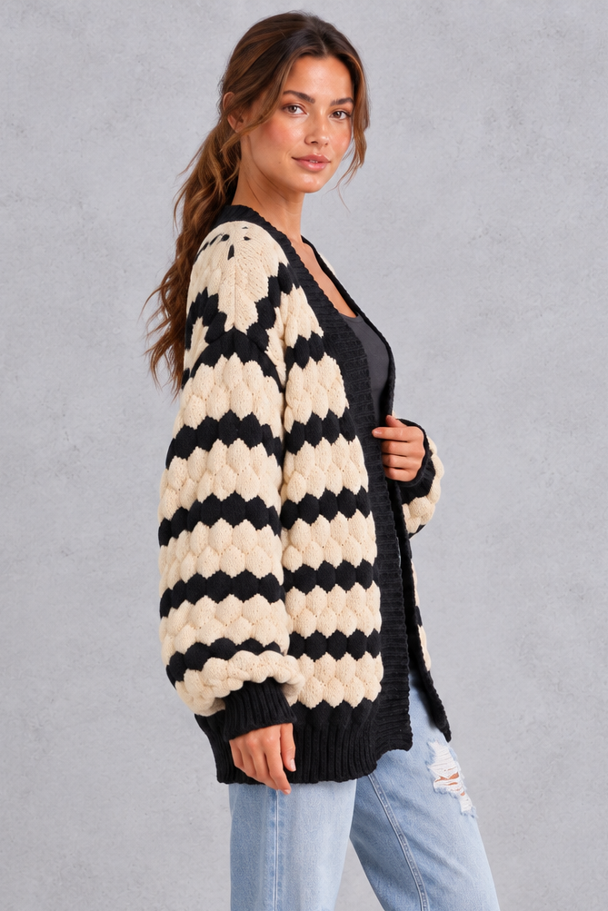 Women's apricot striped chunky knit cardigan with puff sleeves – side view