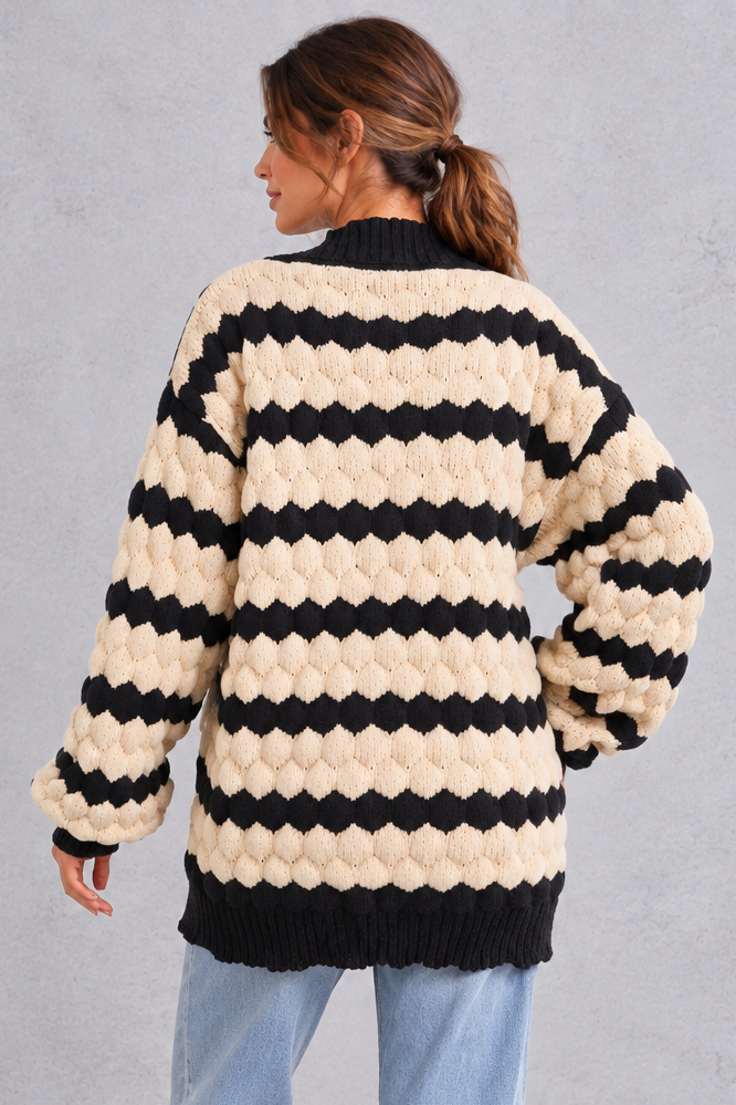 Women's apricot striped chunky knit cardigan with puff sleeves – back view