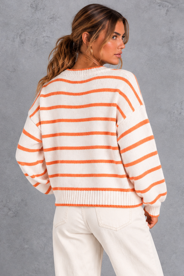 Women's white striped button up knit cardigan – back view