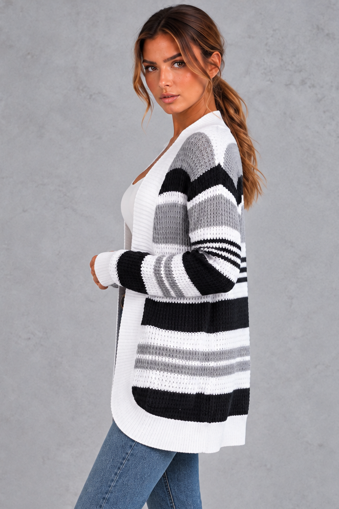 Women's striped open-front cardigan in Grey – side view