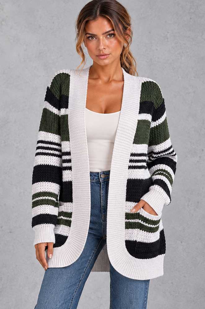 Women's striped open-front cardigan in Olive Green – front view