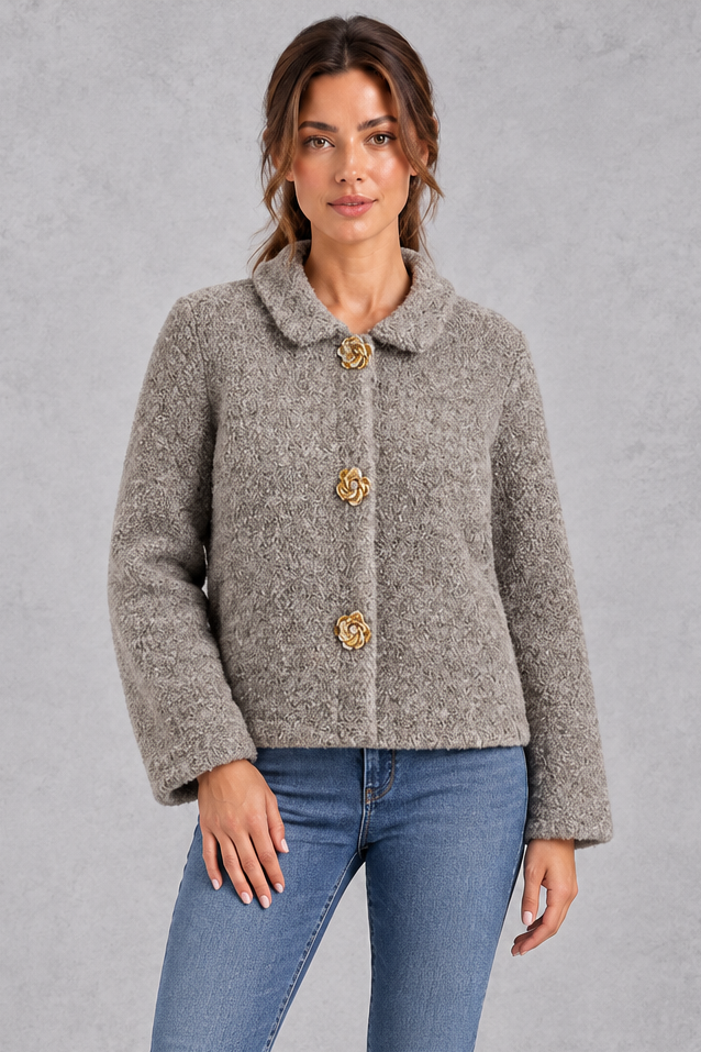 Women's Boxy Teddy Jacket – Peter Pan Collar & Gold Flower Buttons – Grey – front view