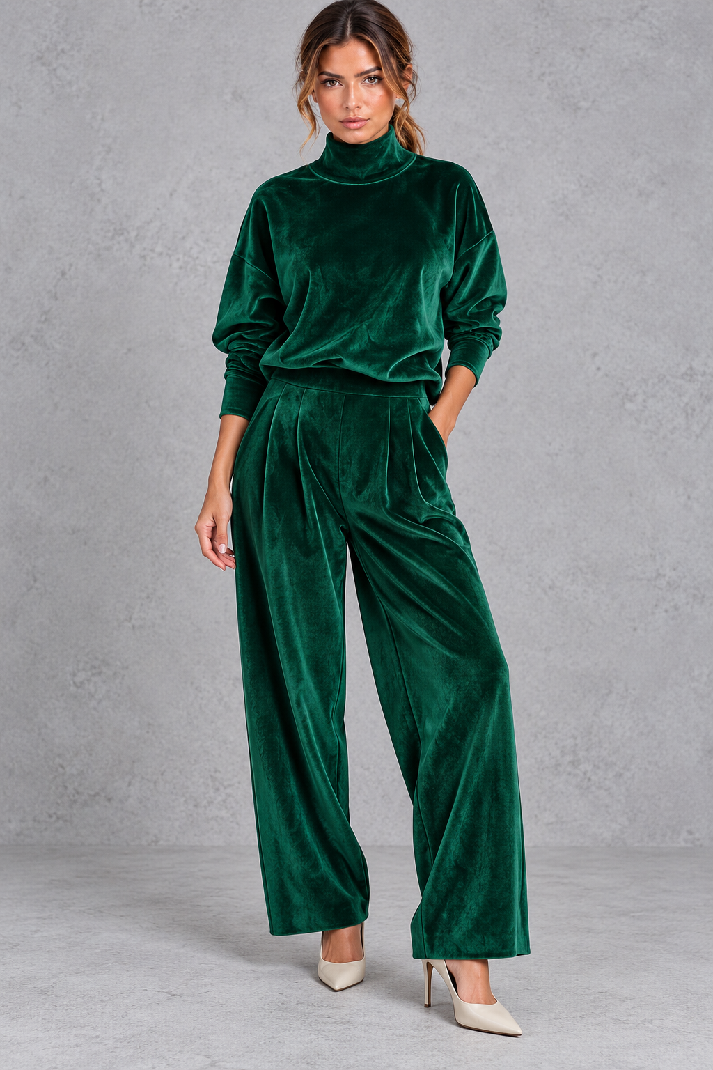 Women's green velvet high neck top and wide leg trouser set – front view