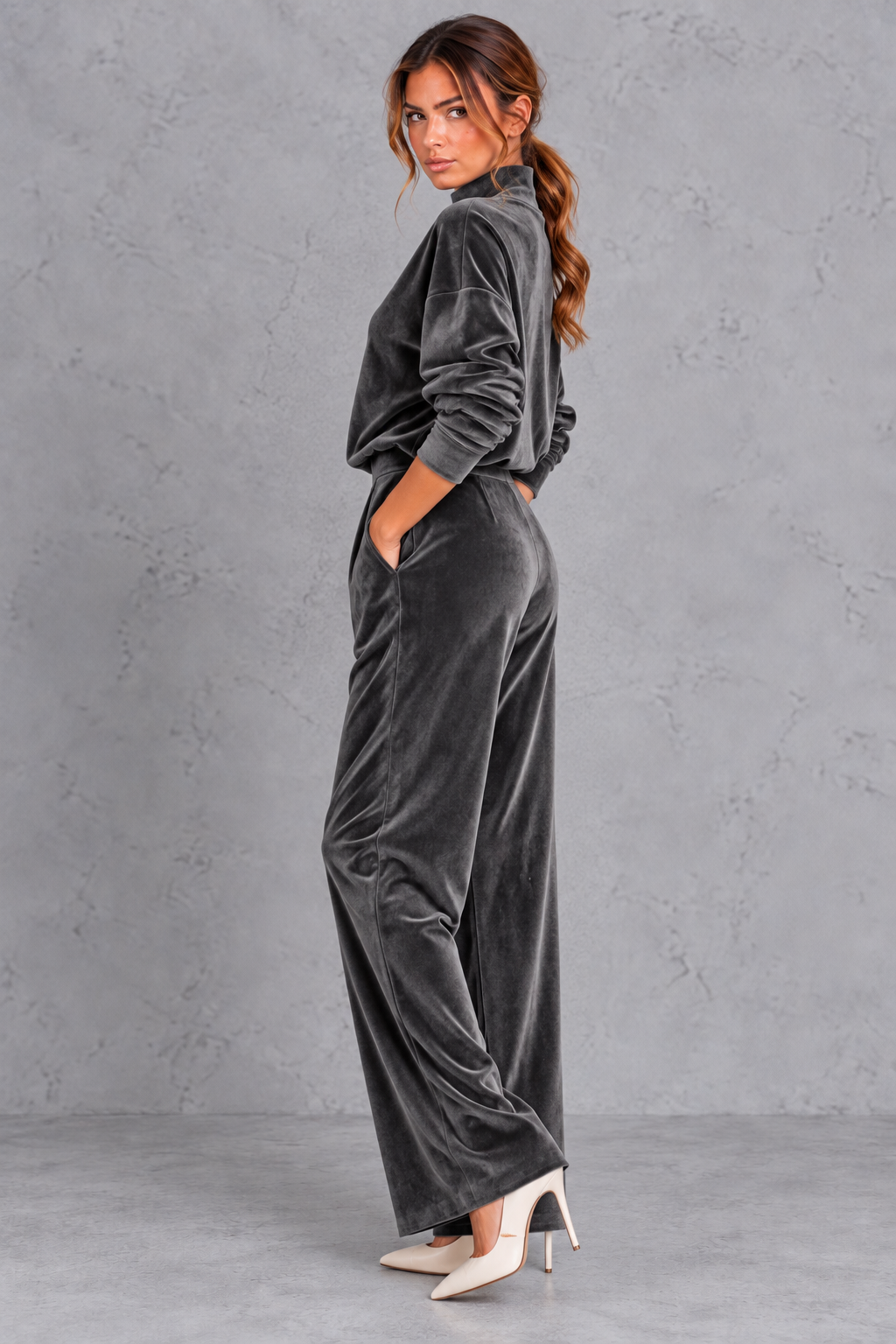 Women's dark grey velvet high neck top and wide leg trouser set – side view