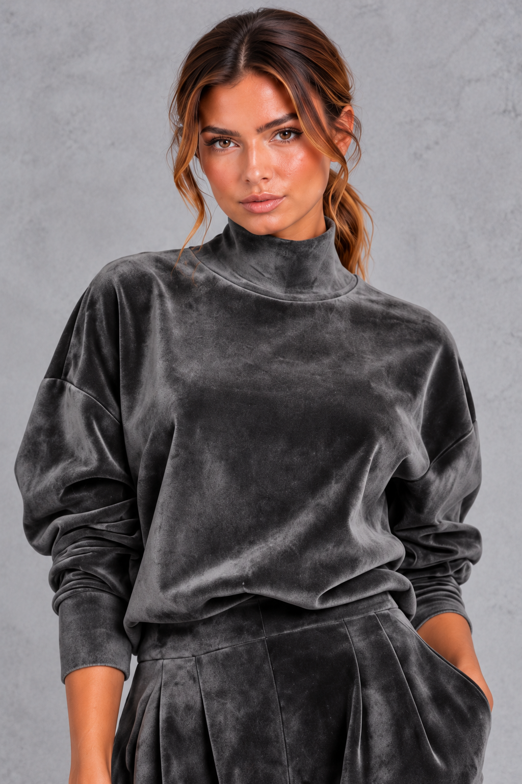 Women's dark grey velvet high neck top – close-up detail of neckline and sleeves