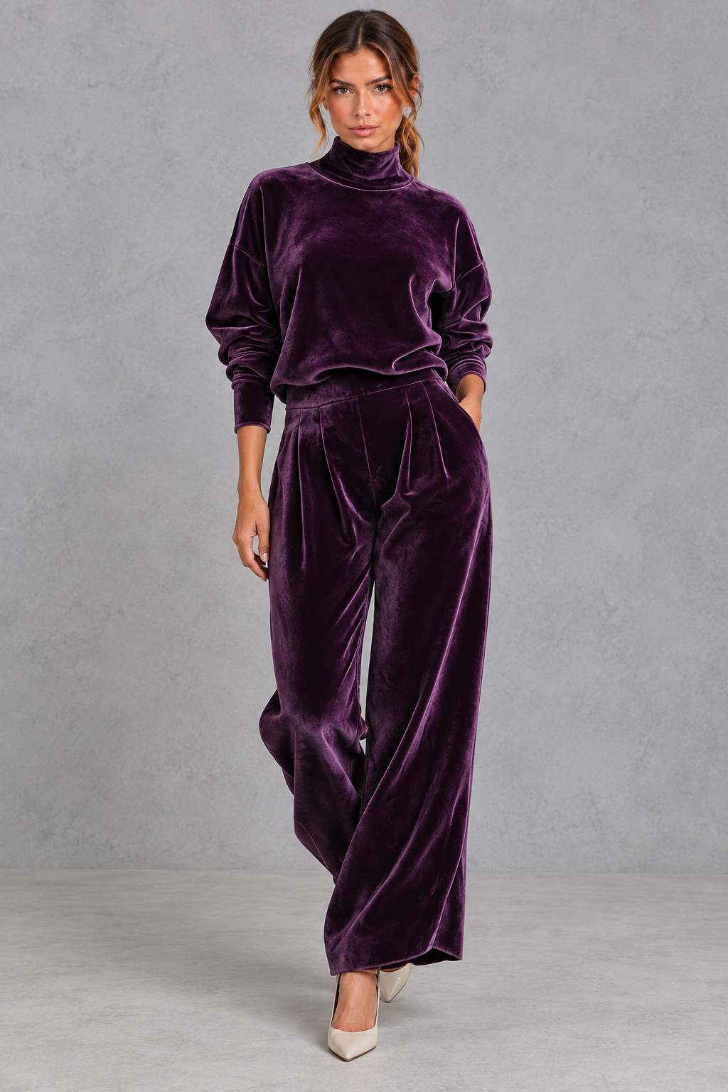 Women's purple velvet high neck top and wide leg trouser set – front view