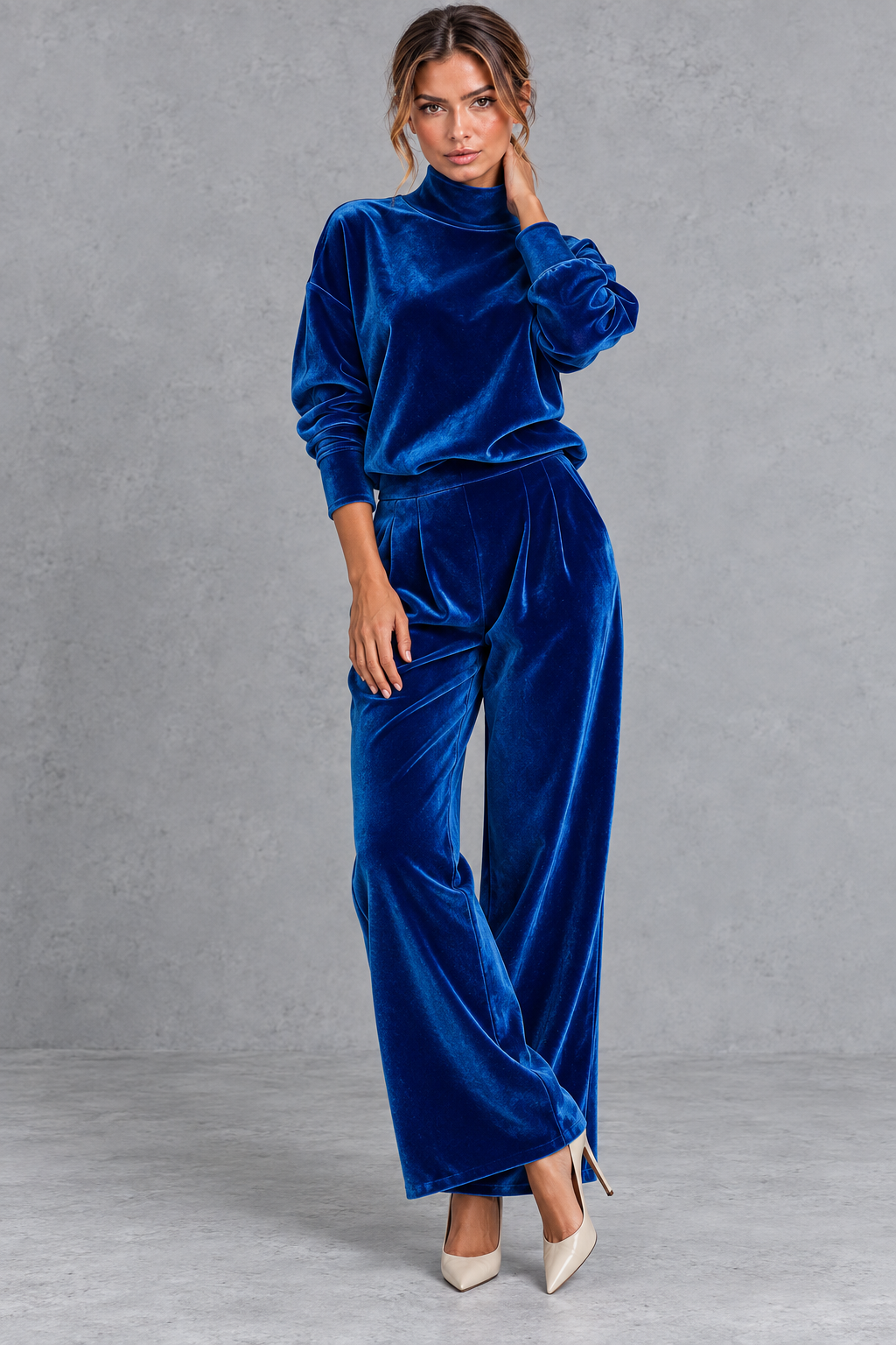Women's royal blue velvet high neck top and wide leg trouser set – front view