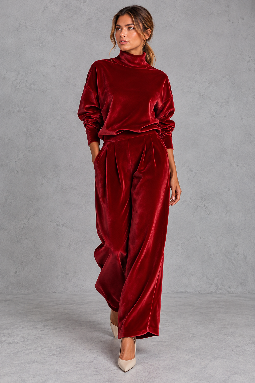 Women's red velvet high neck top and wide leg trouser set – front view
