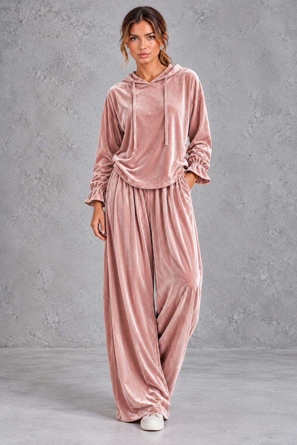 Women's pink velvet hoodie and wide leg trouser set – front view