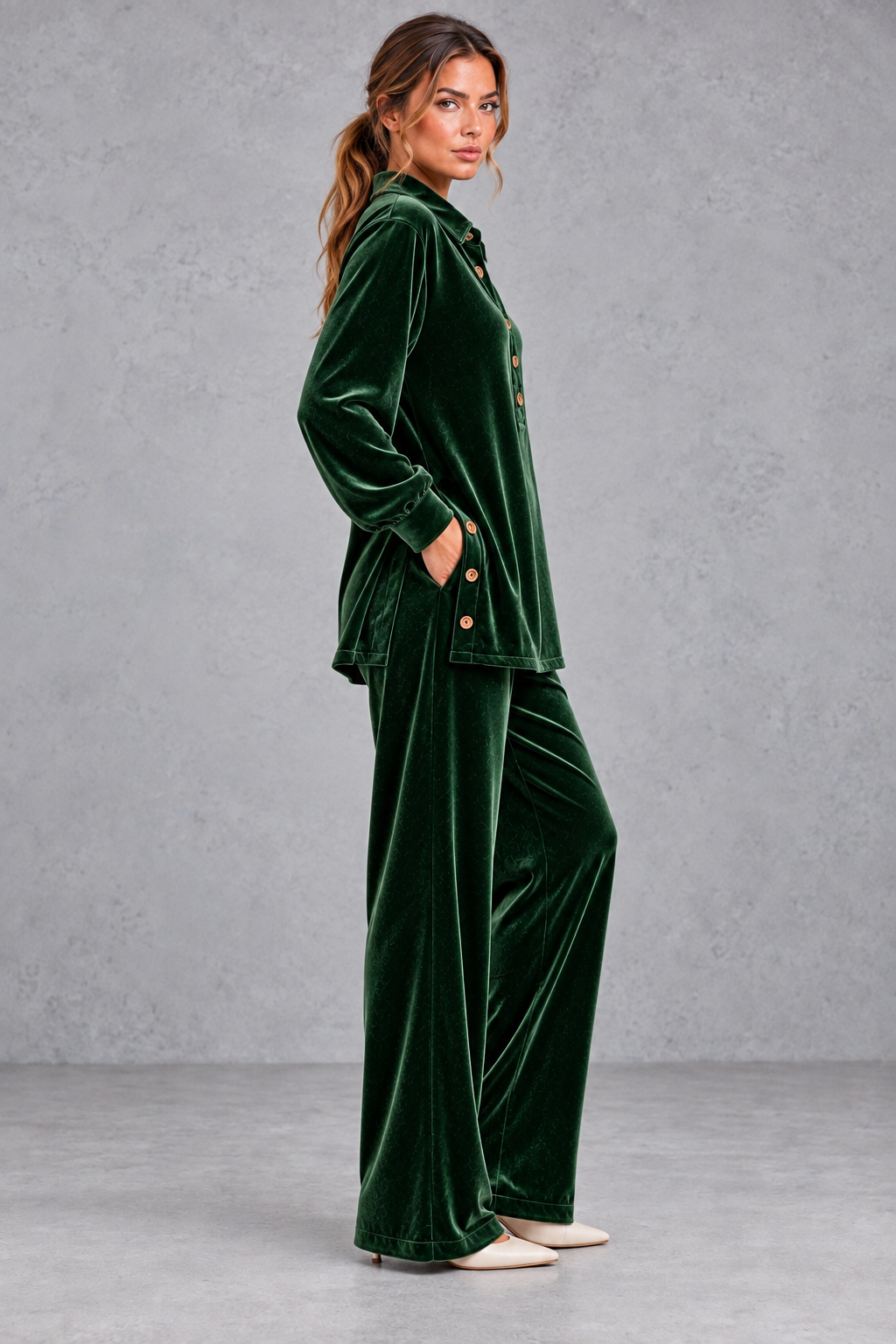 Women's green velvet collared shirt and wide leg trouser set – side view