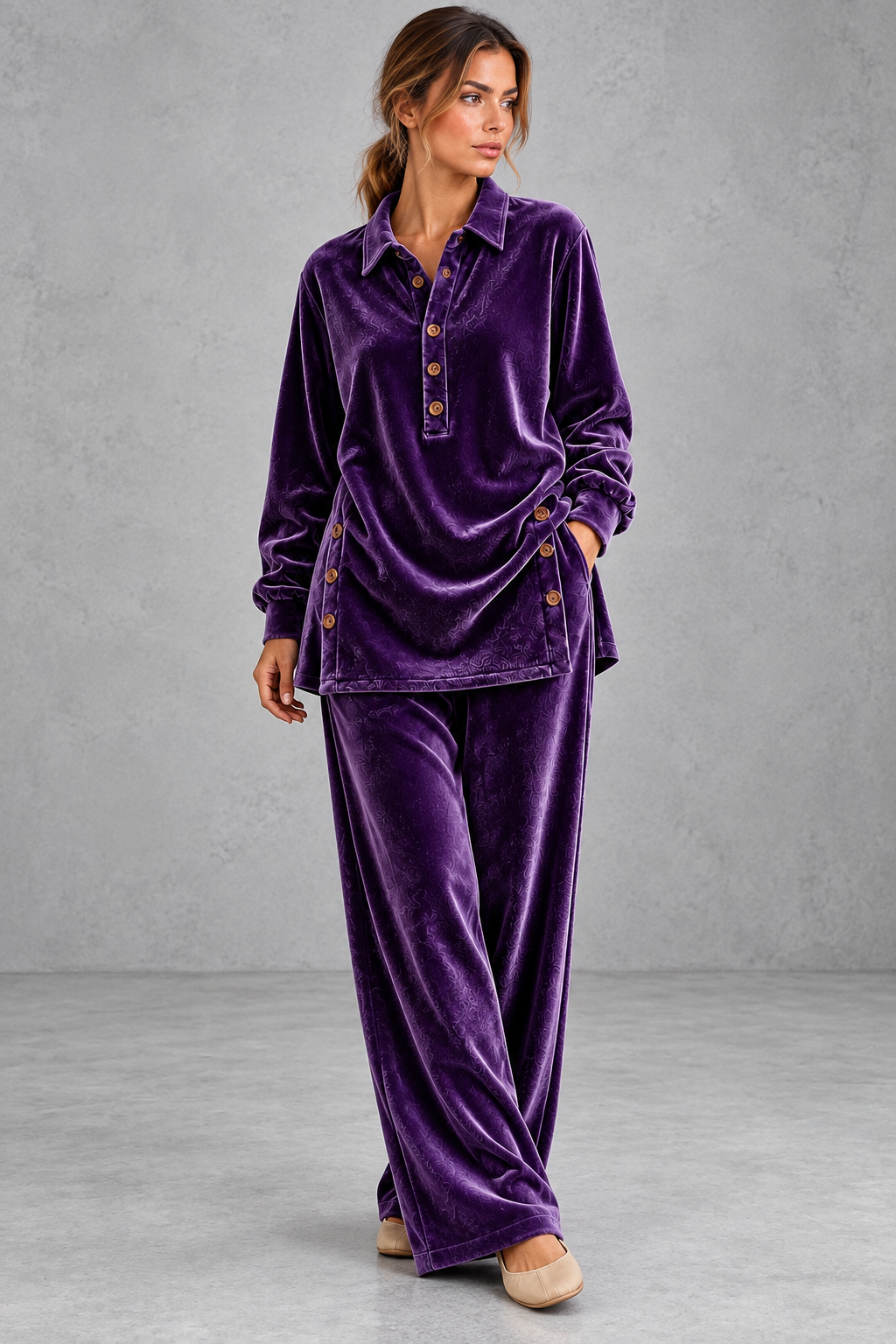 Women's purple velvet collared shirt and wide leg trouser set – front view
