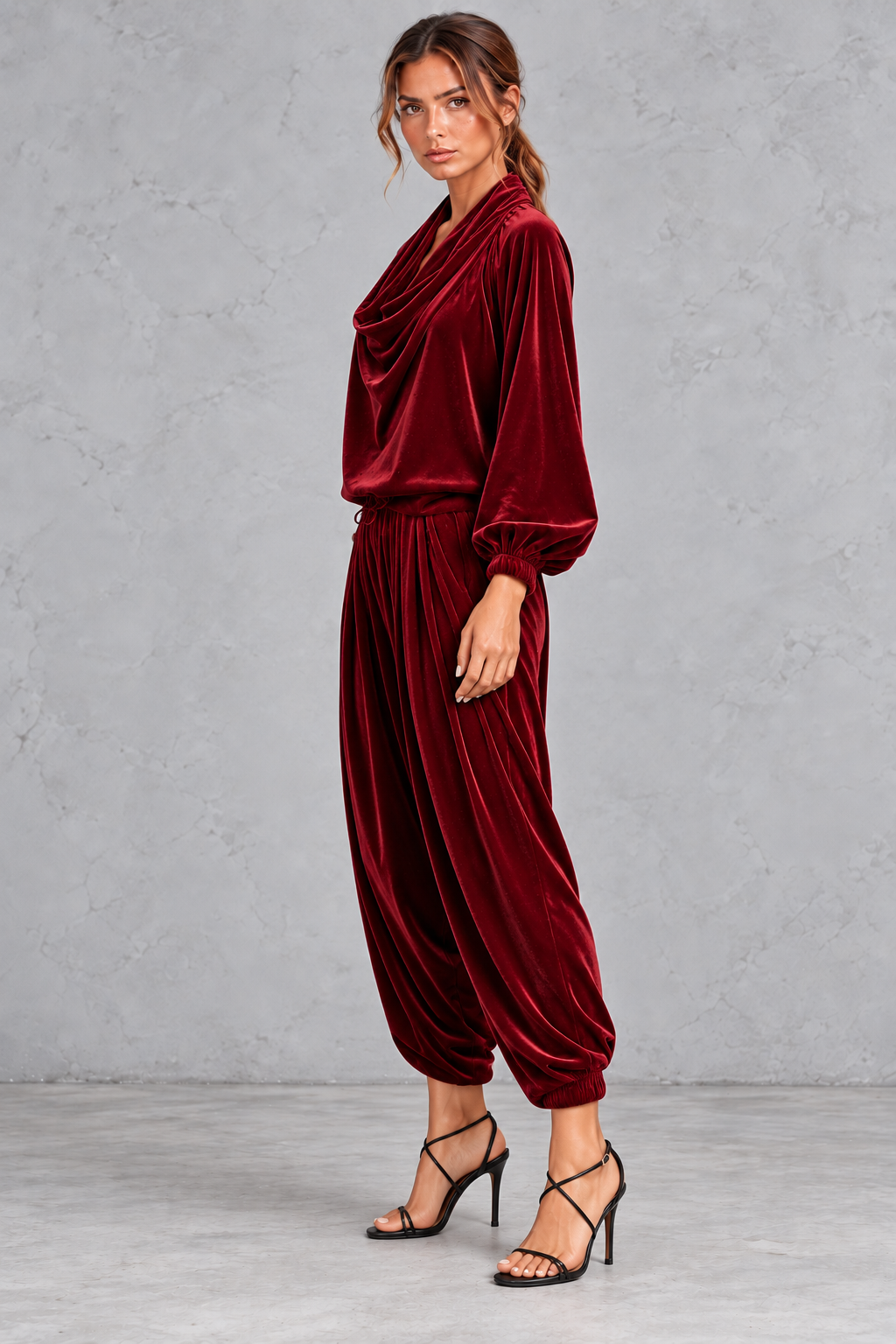 Women's wine velvet cowl neck top and harem trouser set – side view