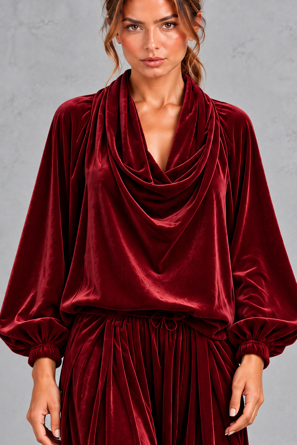 Women's wine velvet cowl neck top – close-up of draped neckline and balloon sleeves