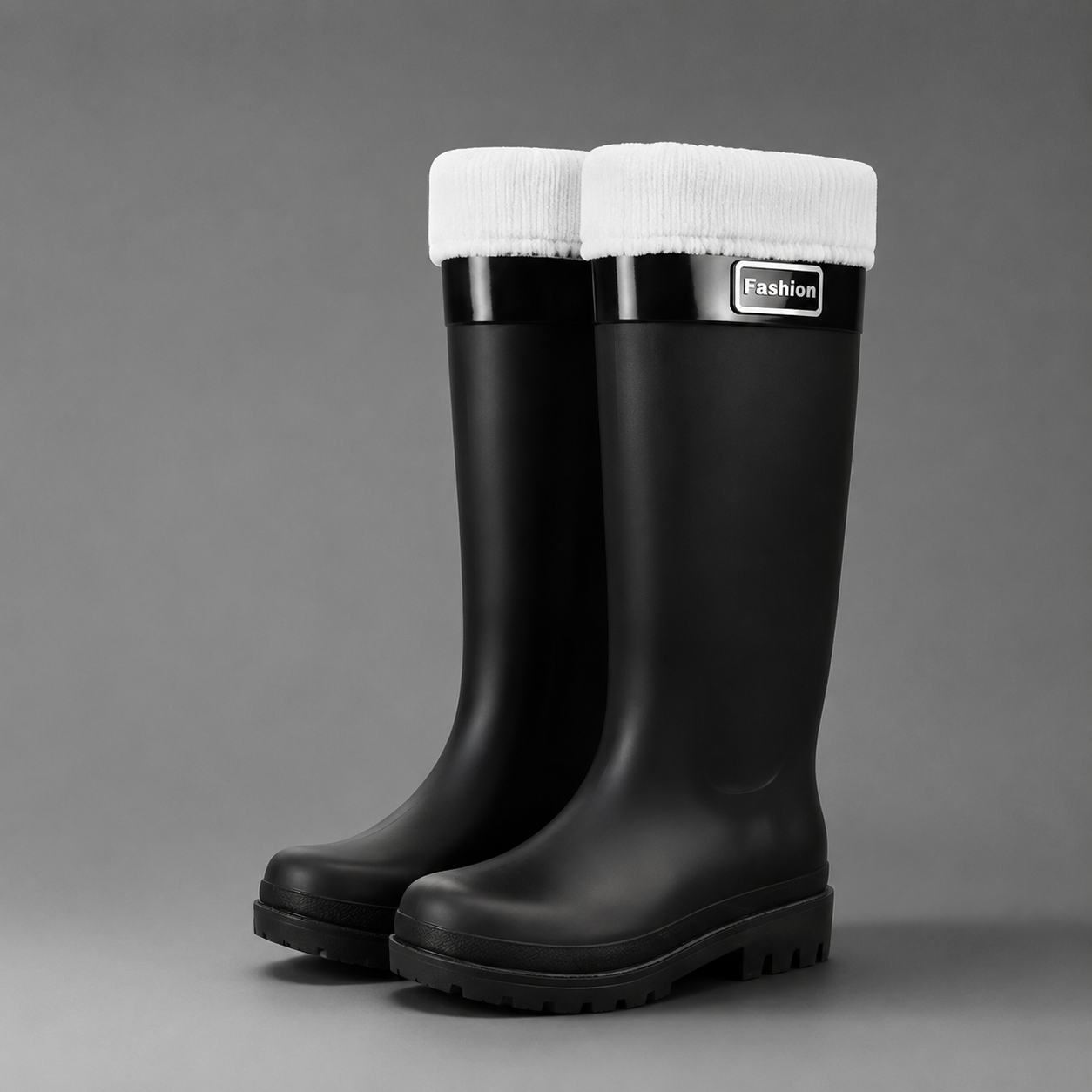 Women's waterproof fleece-lined winter rain boots with a high Wellington design, fully waterproof PVC construction, non-slip deep tread outsole and warm plush fleece lining, ideal for walking, gardening, commuting and outdoor winter activities.