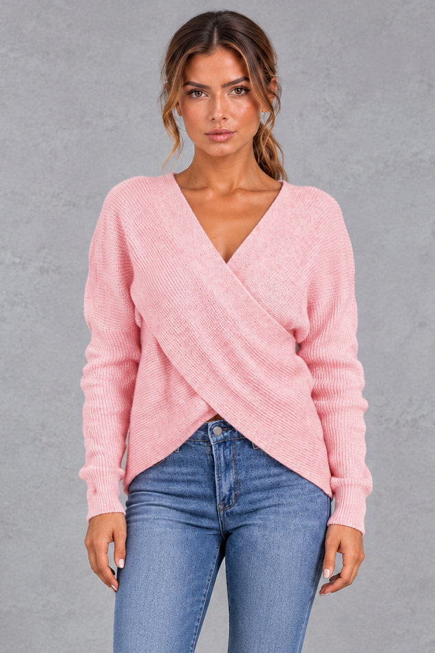 Women's pink cross front open back jumper – front view