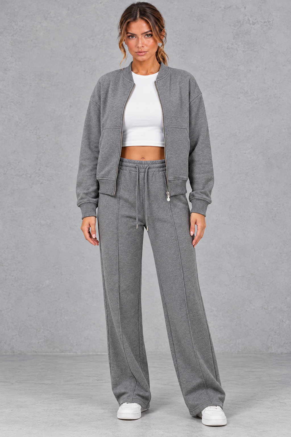 Women's zip-up jacket & trousers set in Grey – front view