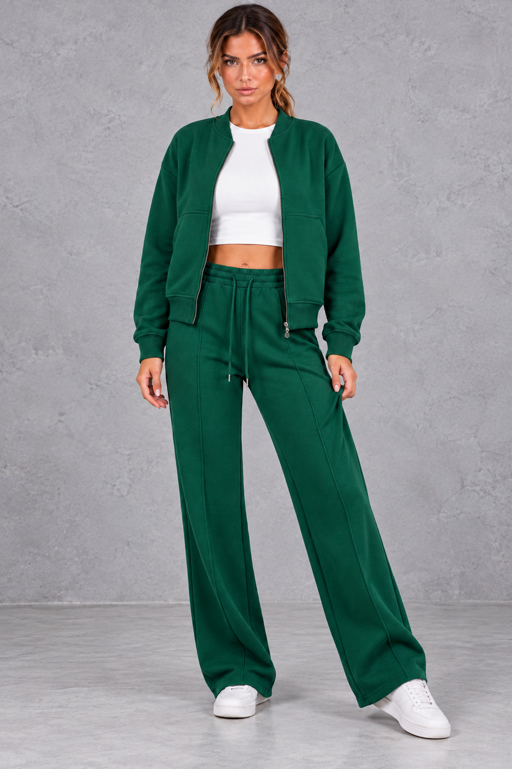 Women's zip-up jacket & trousers set in Green – front view