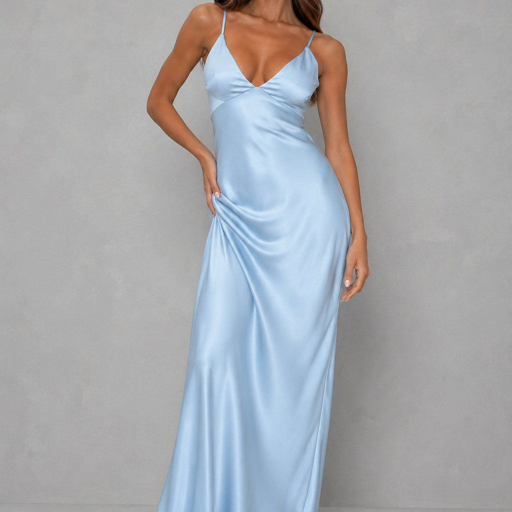 Women’s Bias Cut Satin Maxi Dress with Plunge Neckline for Evening & Formal Wear