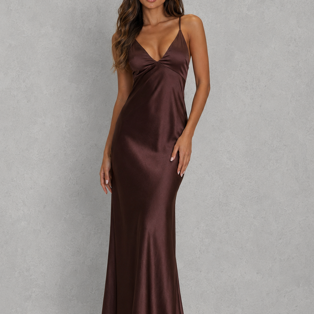 A woman modeling a floor-length satin slip dress in a deep chocolate brown color, standing against a textured gray studio backdrop.