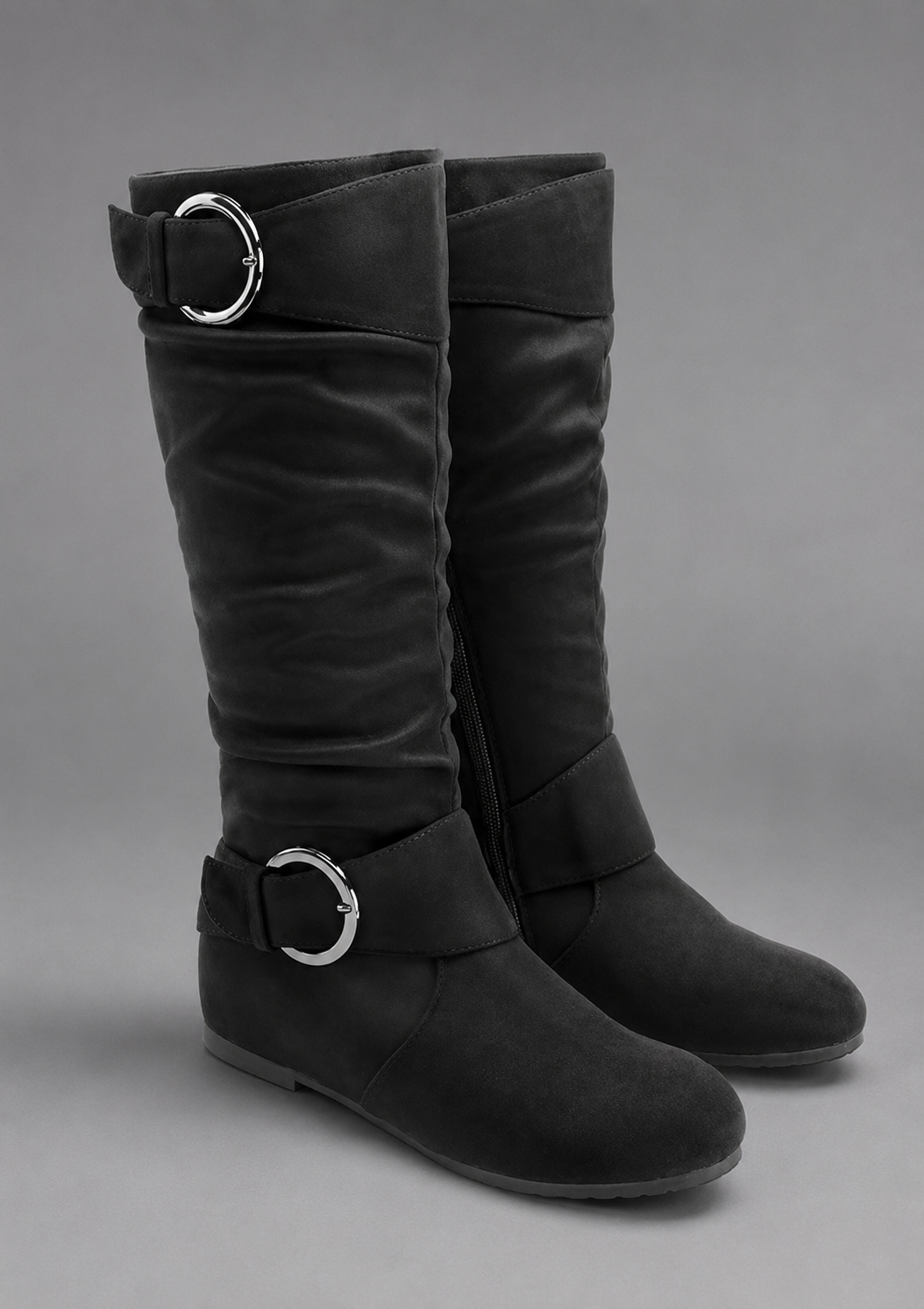 Women's black mid-calf slouch boots with decorative buckle accents, soft synthetic upper, slip-on design and durable rubber sole, styled for everyday casual wear.