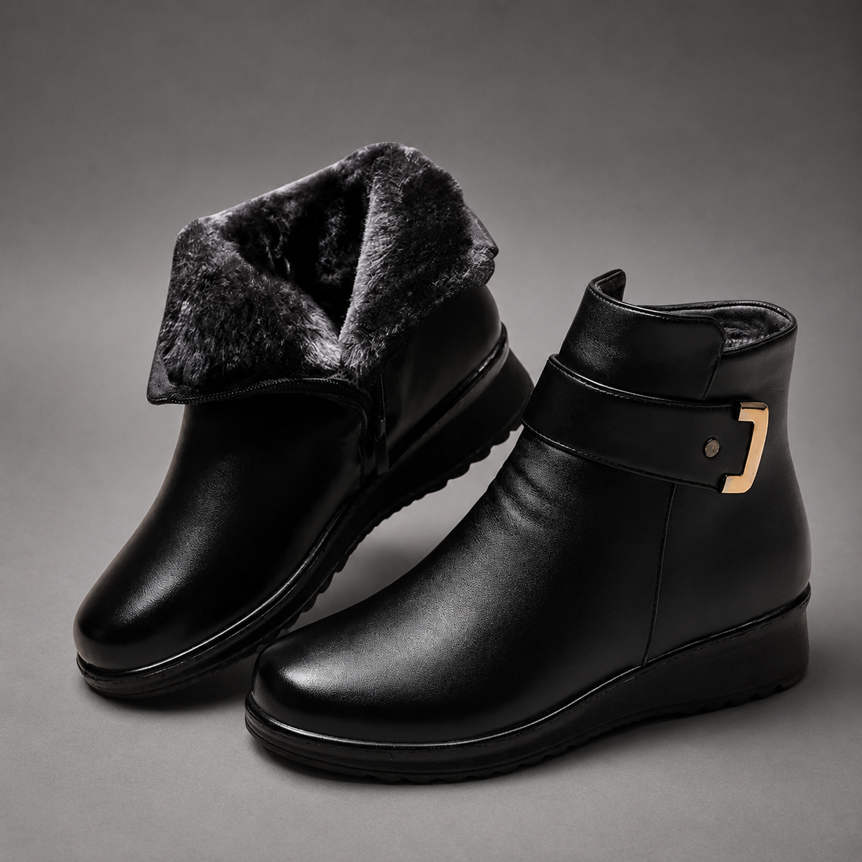 Women's black leather comfort ankle boots with a premium leather upper, soft shearling lining, decorative buckle detail, durable rubber sole and supportive ankle-high design, ideal for everyday autumn and winter wear.