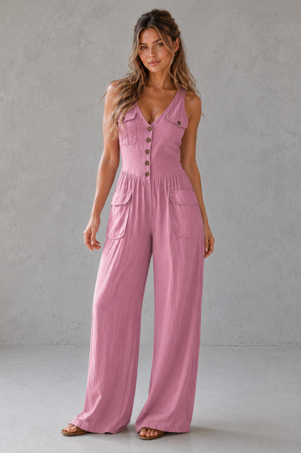 Woman wearing a pink jumpsuit against a gray background