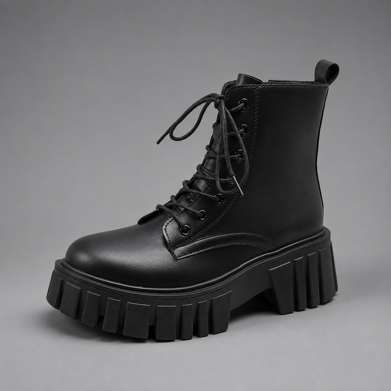Women's black chunky sole combat boots with lace-up fastening, ankle-height design, round toe, medium square heel and durable rubber sole for casual everyday wear.